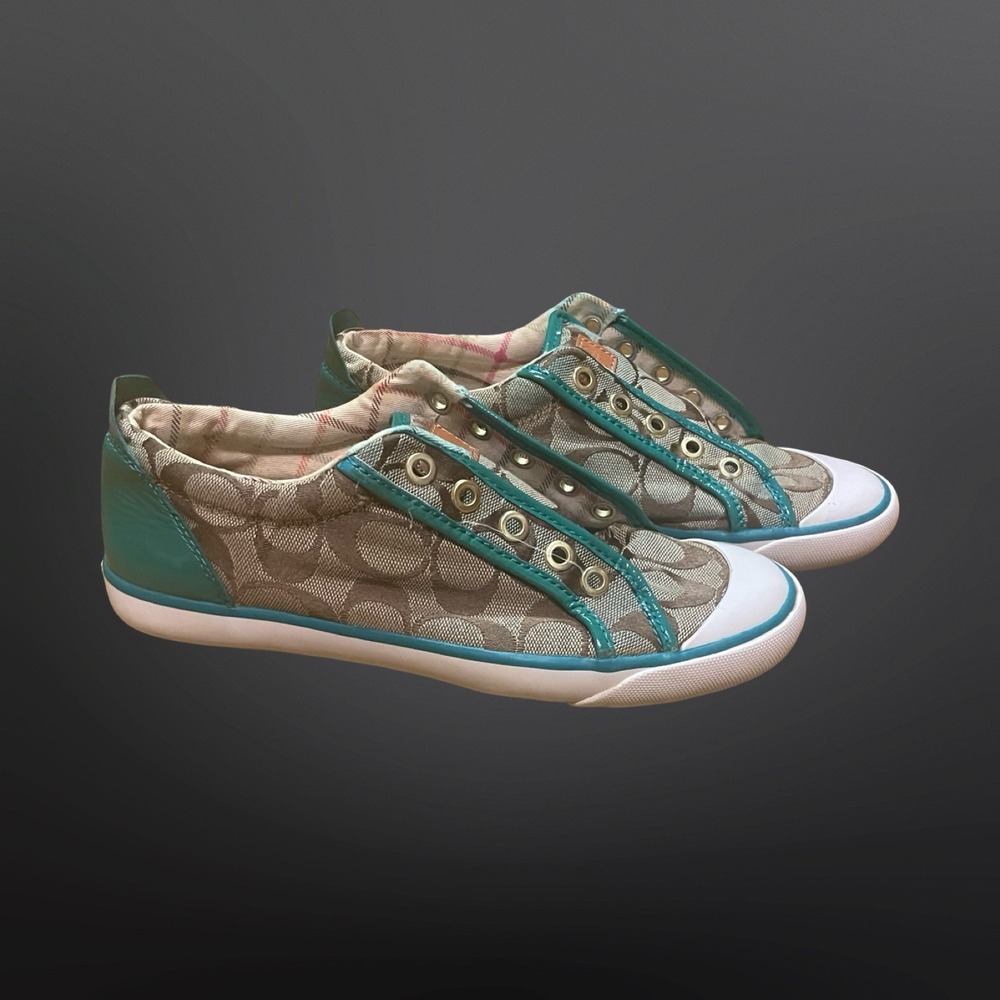 Coach Signature C Canvas Teal Leather Trim Slip On Sneakers Shoes Womens sz 7‎